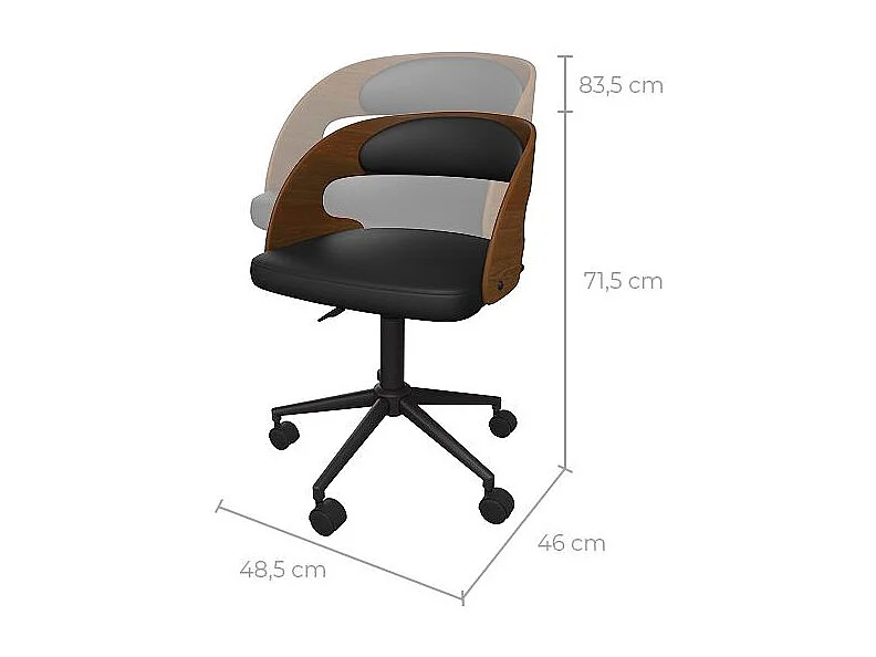 Silla de oficina con ruedas en madera oscura y PU negro - Louis