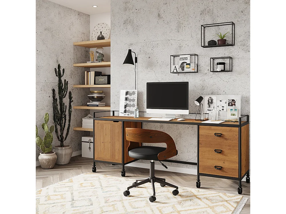 Silla de oficina con ruedas en madera oscura y PU negro - Louis