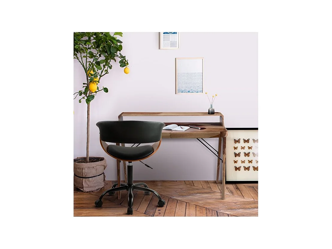 Silla de oficina giratoria con ruedas en madera y PU negro - Basile