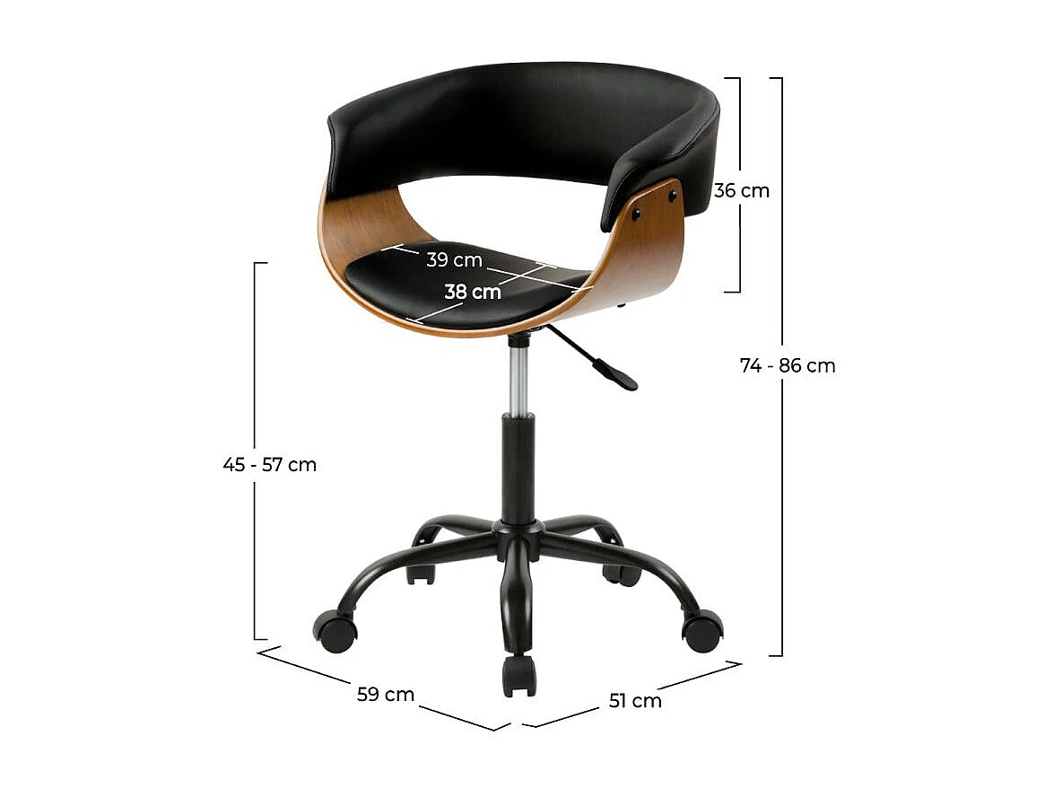 Silla de oficina giratoria con ruedas en madera y PU negro - Basile