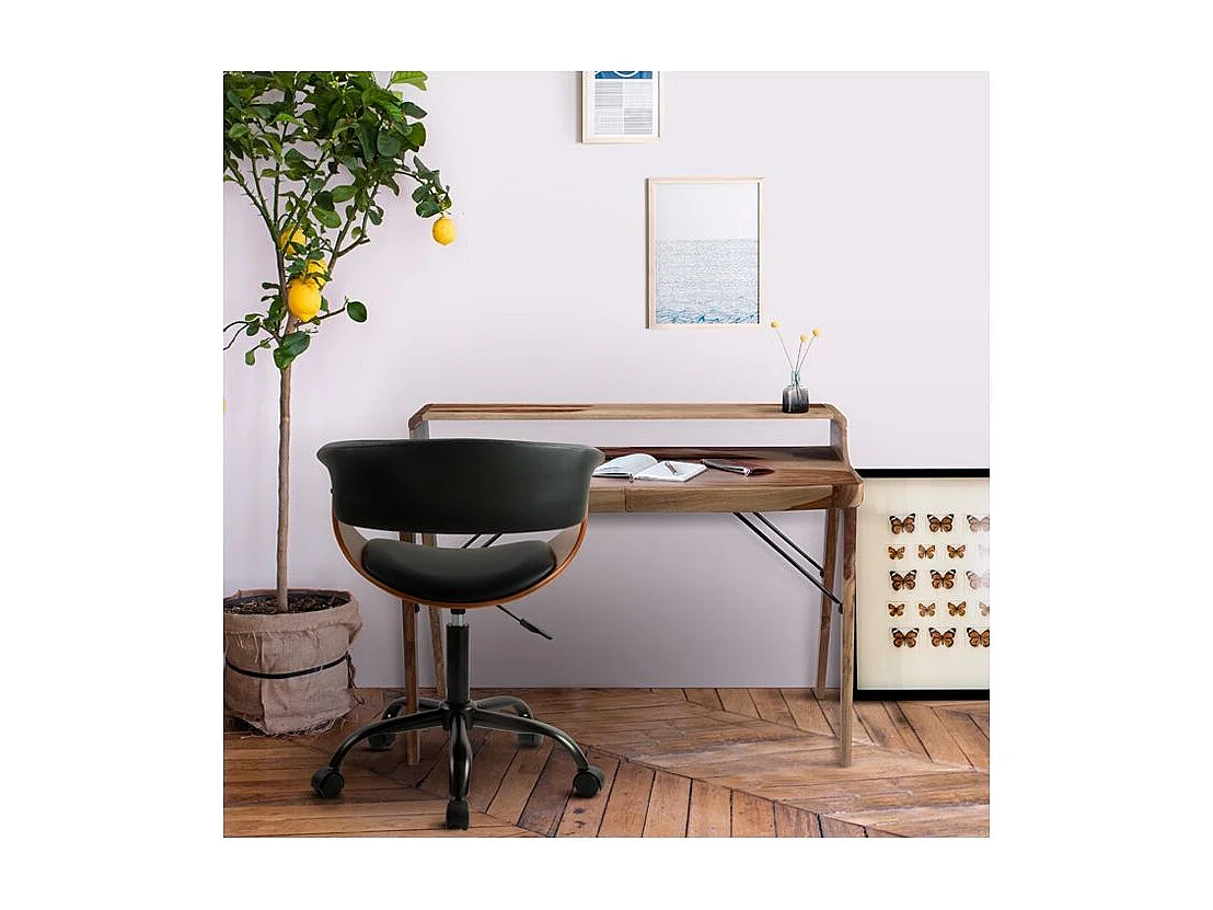 Silla de oficina giratoria con ruedas en madera y PU negro - Basile