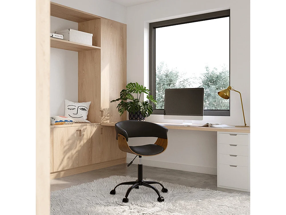 Silla de oficina giratoria con ruedas en madera y PU negro - Basile