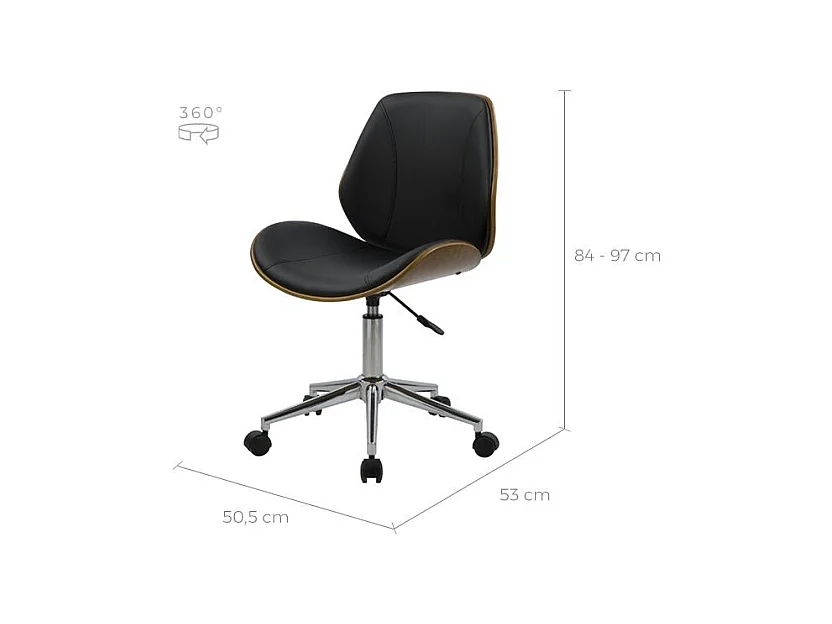 Silla de oficina de madera con ruedas en PU negro - Archie