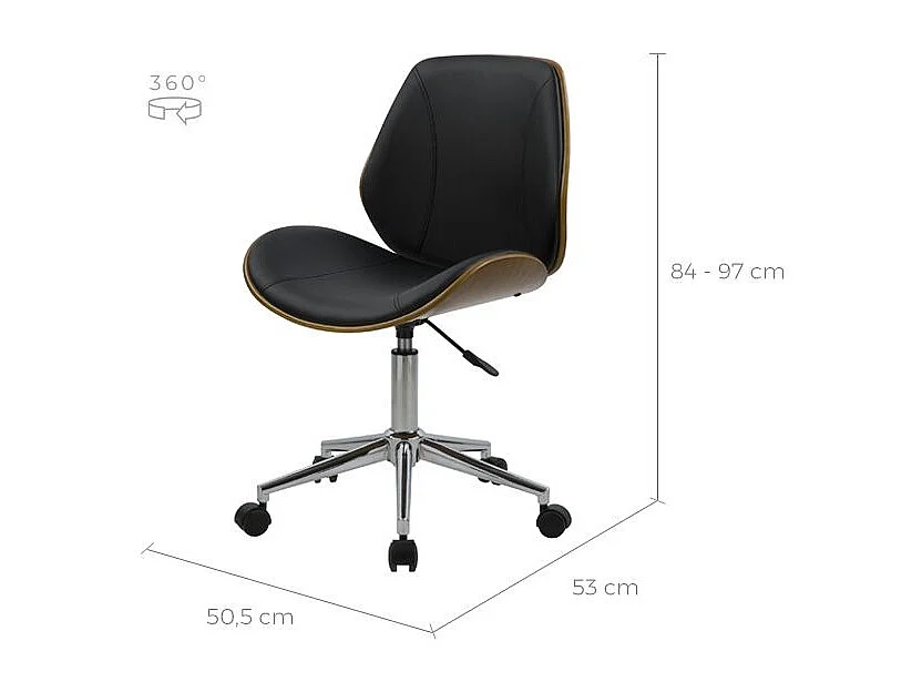 Silla de oficina de madera con ruedas en PU negro - Archie
