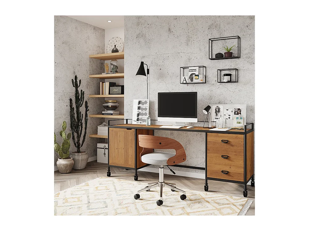 Silla de oficina giratoria ajustable de madera y tela gris - Louis