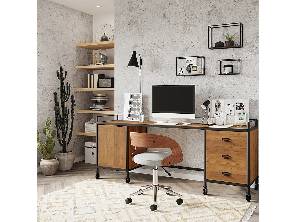 Chaise de bureau pivotante et réglable en bois et tissu gris - Louis