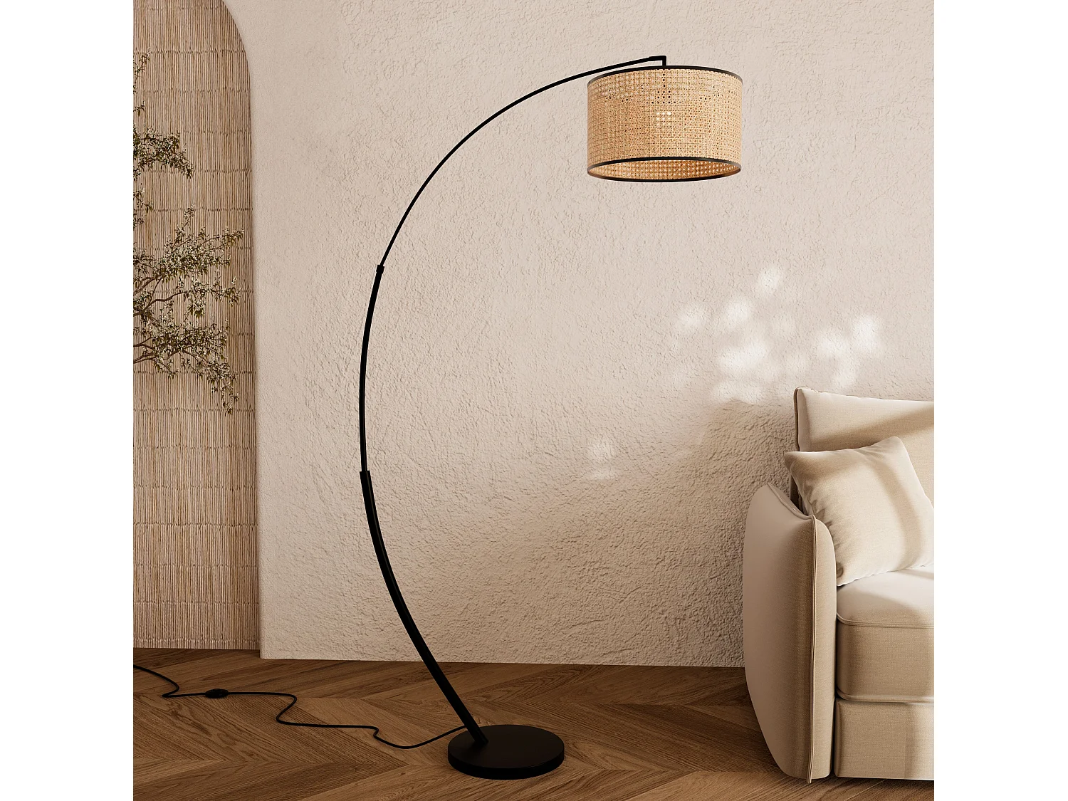 Lampadaire en rotin et métal noir - Aimée