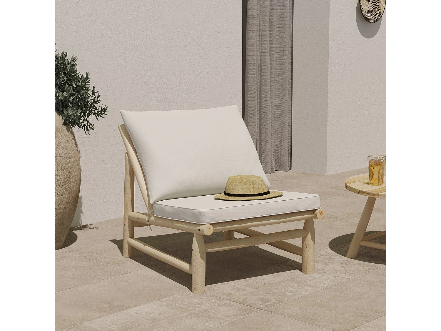 Fauteuil de jardin en teck et coussins blanc cassé - Makam