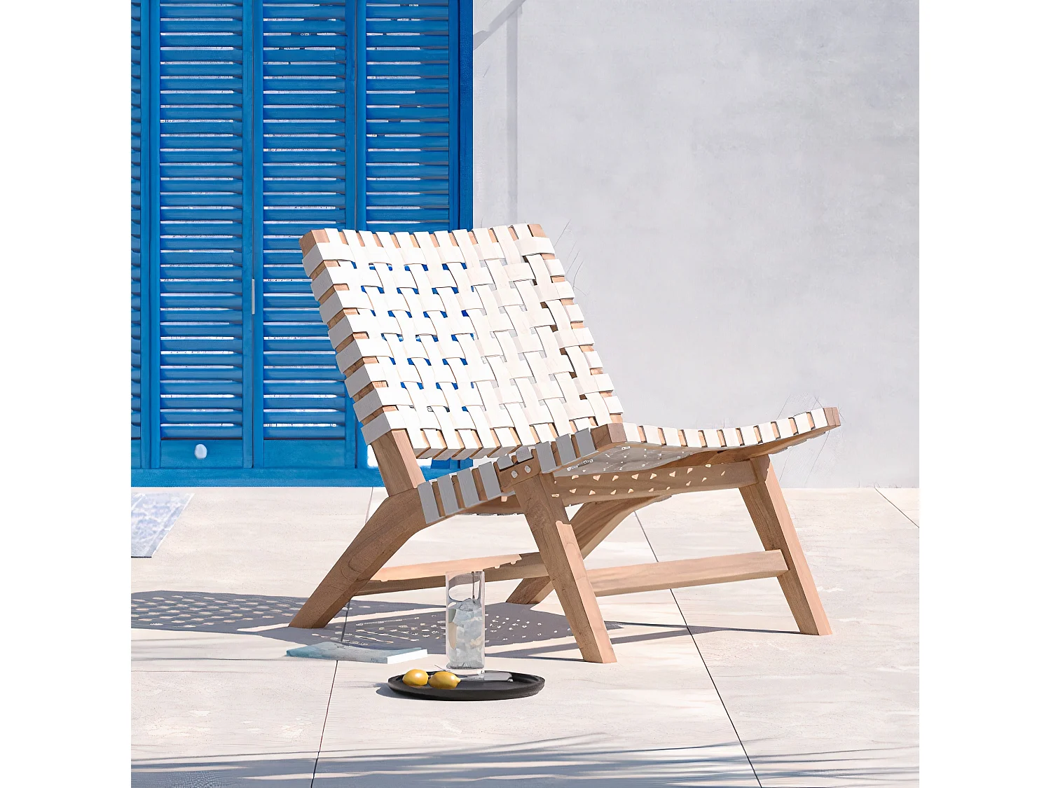 Fauteuil de jardin en teck et sangles en tissu blanc - Tao