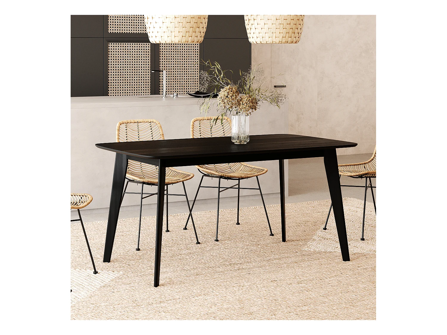 Table rectangulaire 6 personnes en bois noir 150 cm - Oman