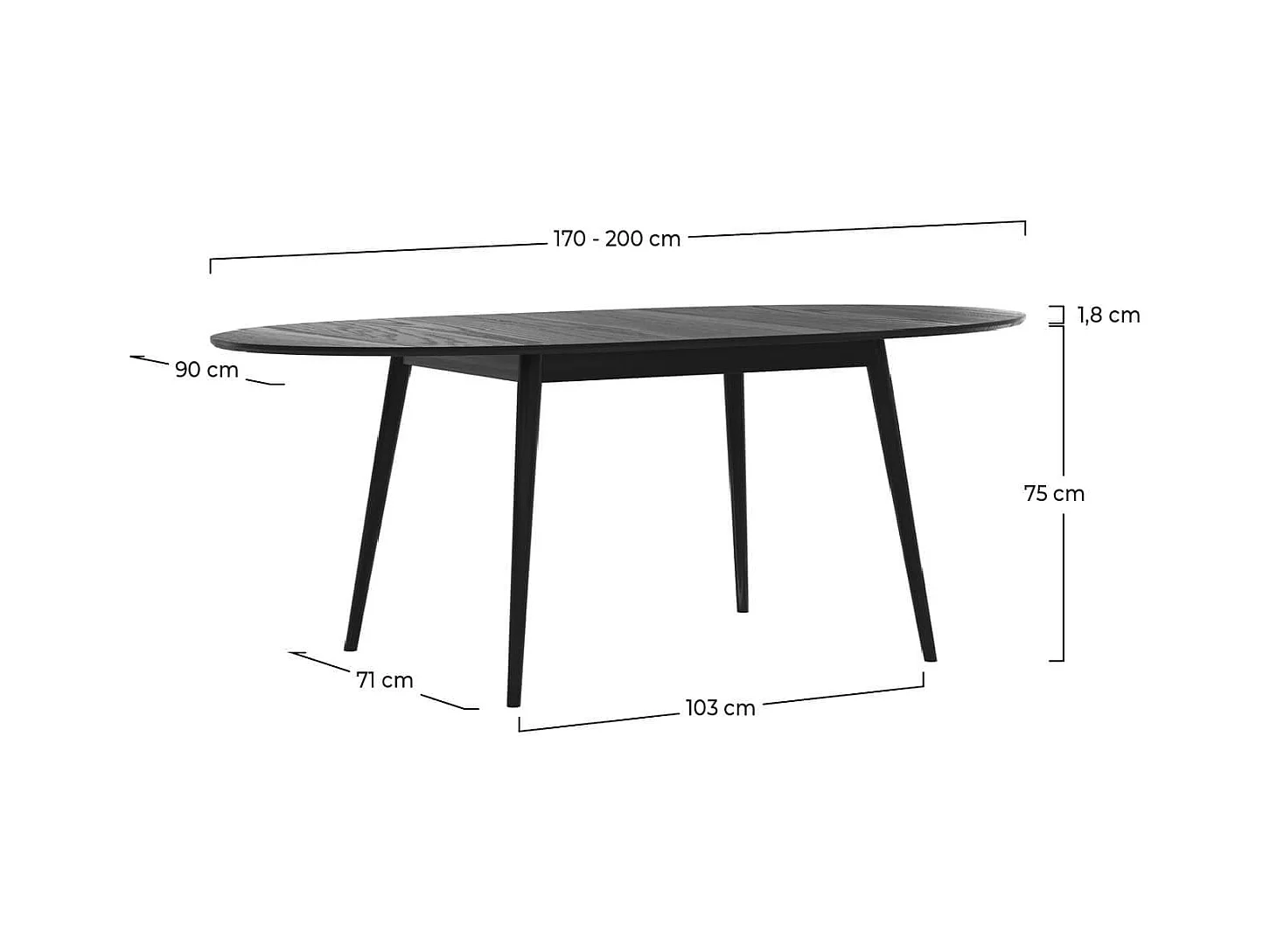 Mesa de comedor ovalada de madera negra extensible 170/200 cm - Eddy