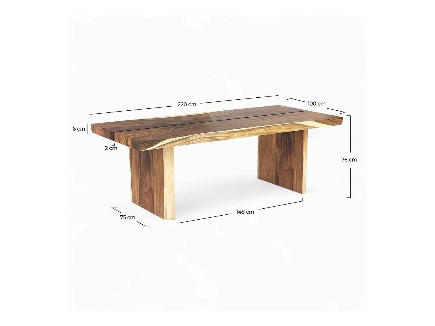 Table rectangulaire 8 personnes en bois de suar 220 cm - Tanah