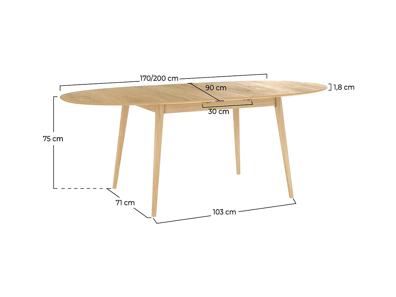 Mesa ovalada extensible de 6/8 personas en madera clara de 170/200 cm - Eddy