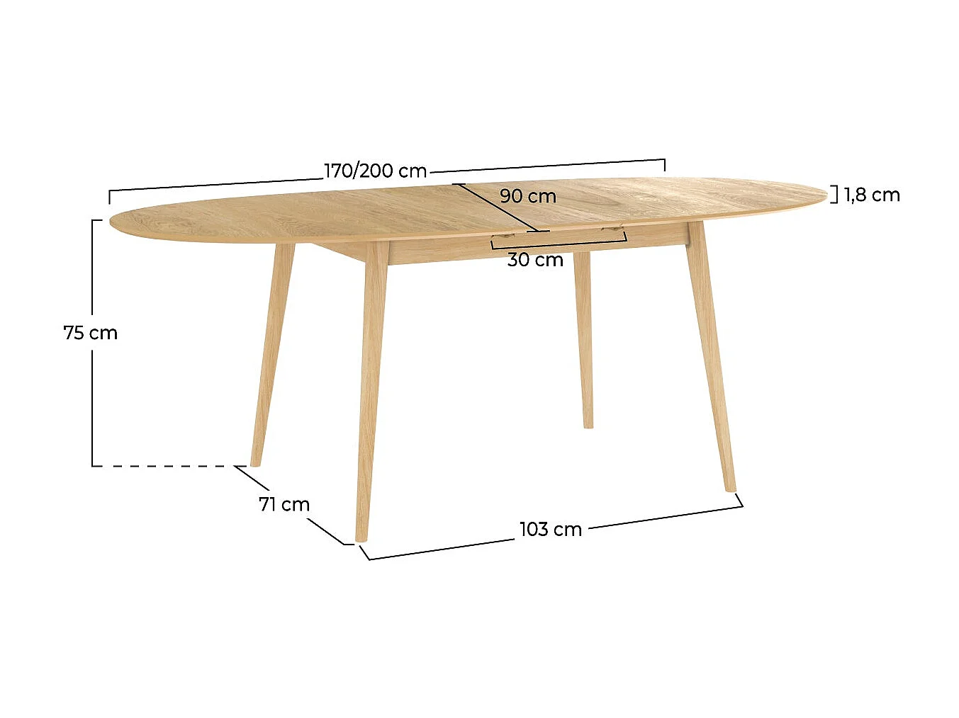 Mesa ovalada extensible de 6/8 personas en madera clara de 170/200 cm - Eddy