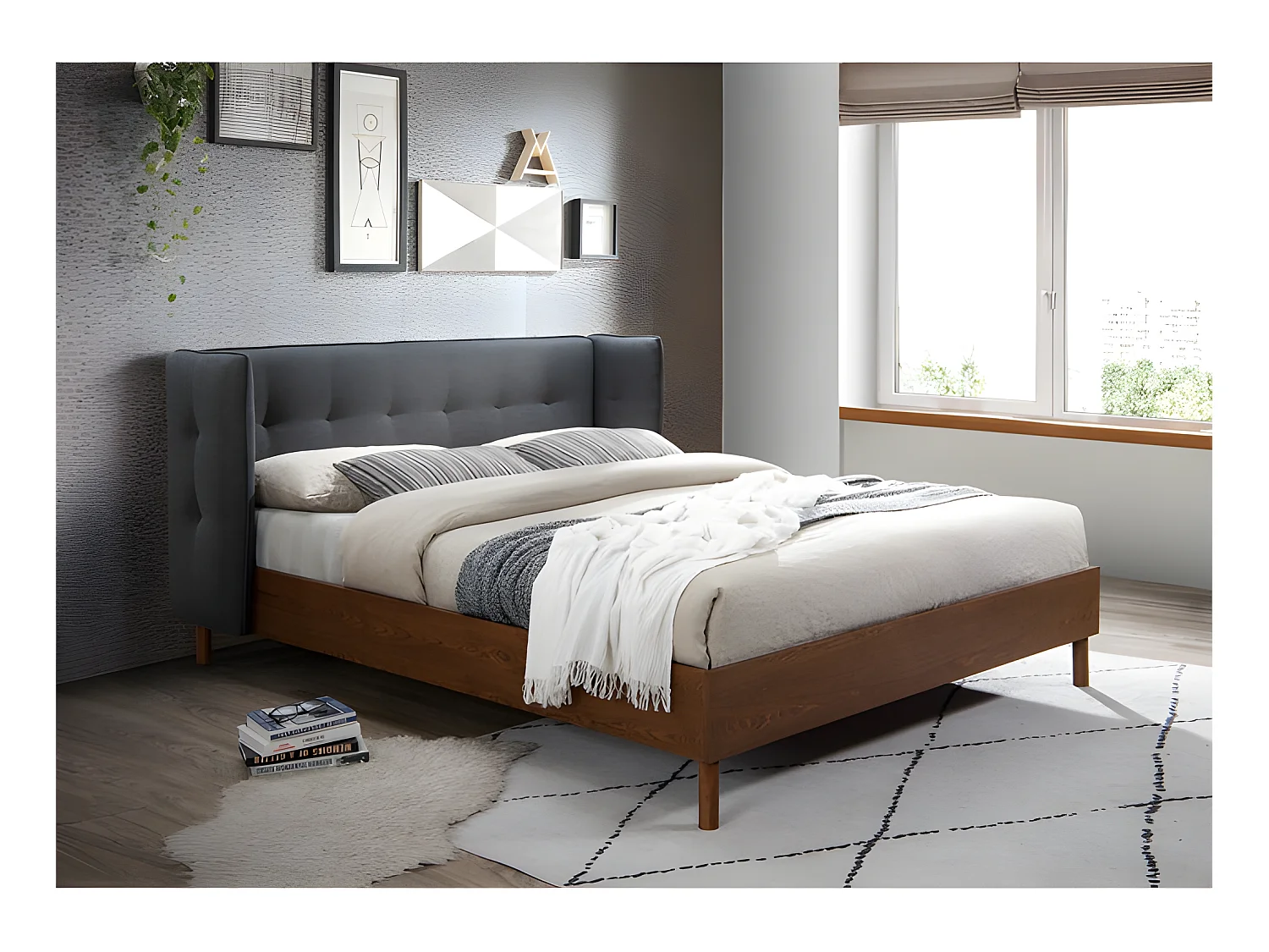 Lit double Loco 140x190 cm en tissu gris foncé