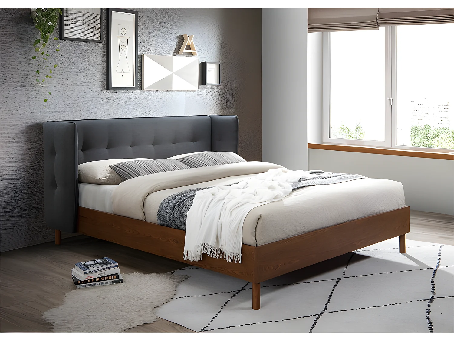 Lit double Loco 140x190 cm en tissu gris foncé