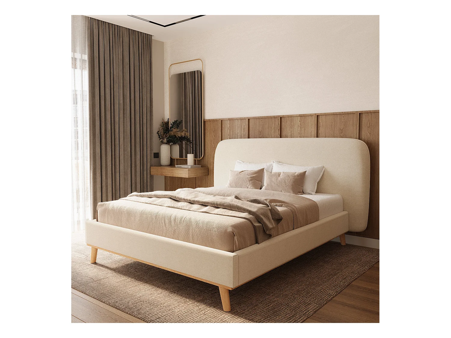 Cama doble 160x200 cm en tejido gris/beige - Modjo