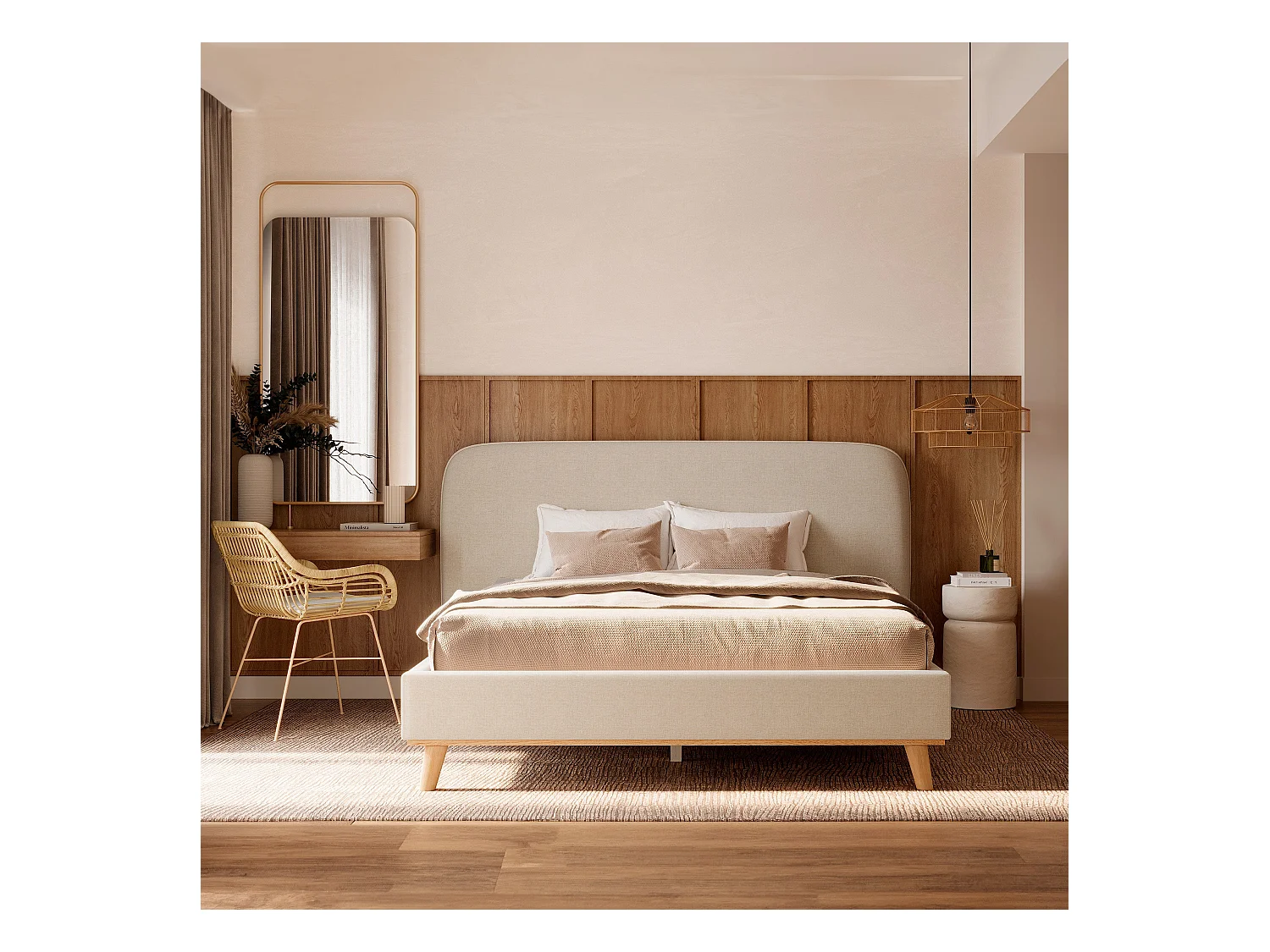 Cama doble 160x200 cm en tejido gris/beige - Modjo