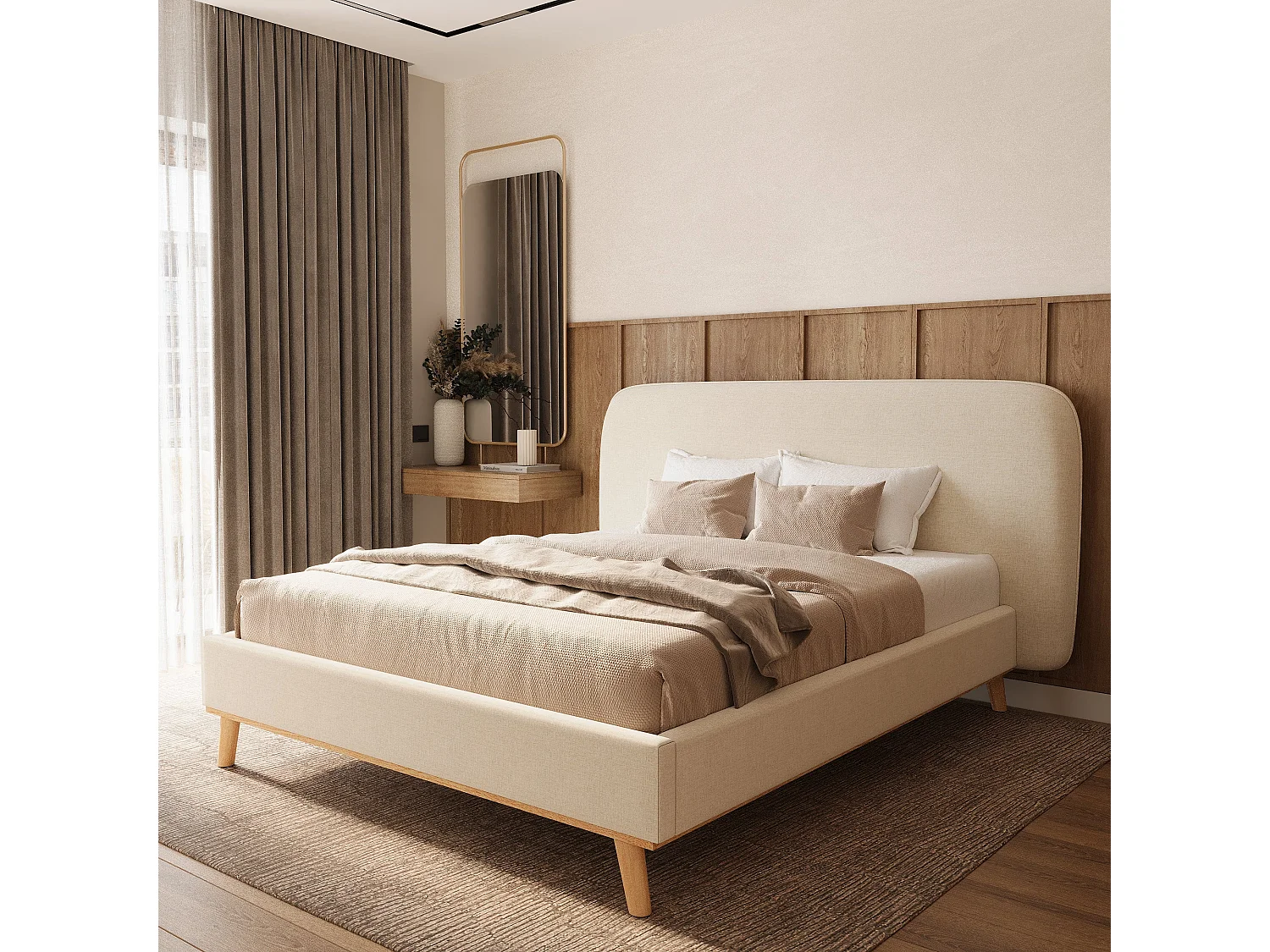 Lit double 160x200 cm en tissu gris/beige - Modjo