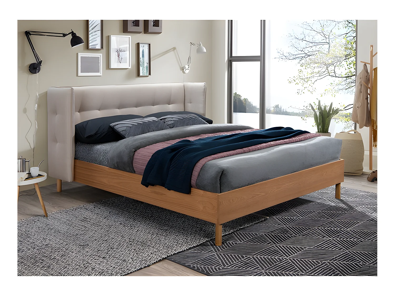 Lit double Loco 140x190 cm en tissu gris/beige