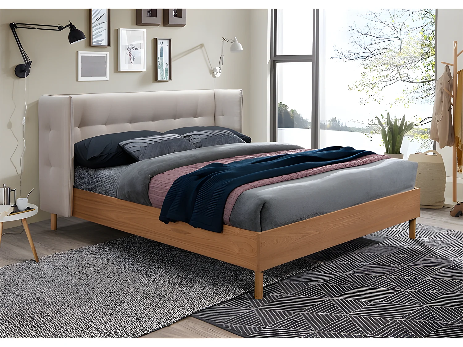 Lit double Loco 140x190 cm en tissu gris/beige