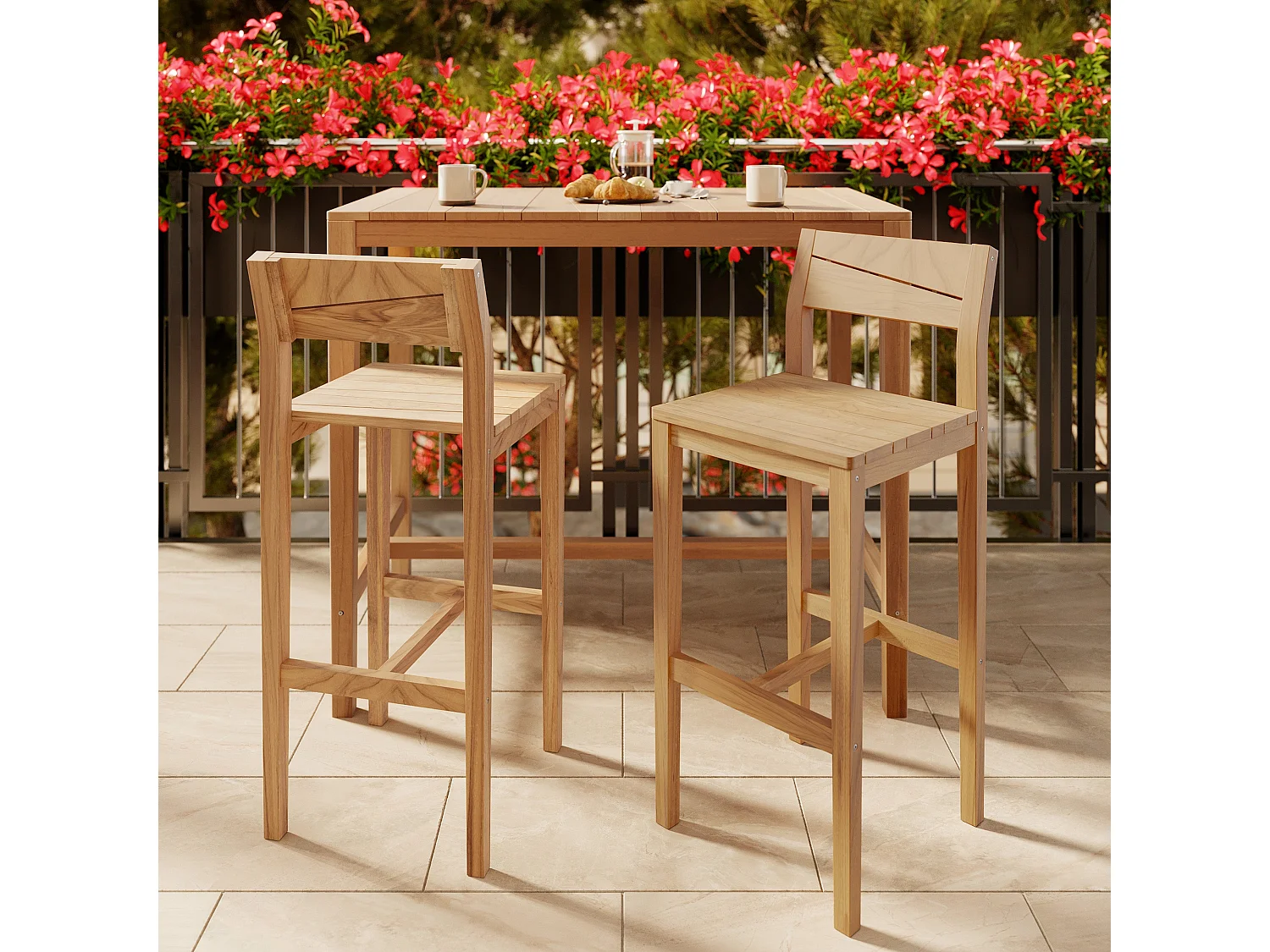 Lot de 2 chaises de bar extérieur 74 cm en bois de teck massif - Tunga