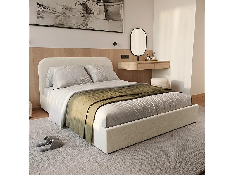 Lit double avec coffre 140x190 cm en tissu gris/beige - Tilly