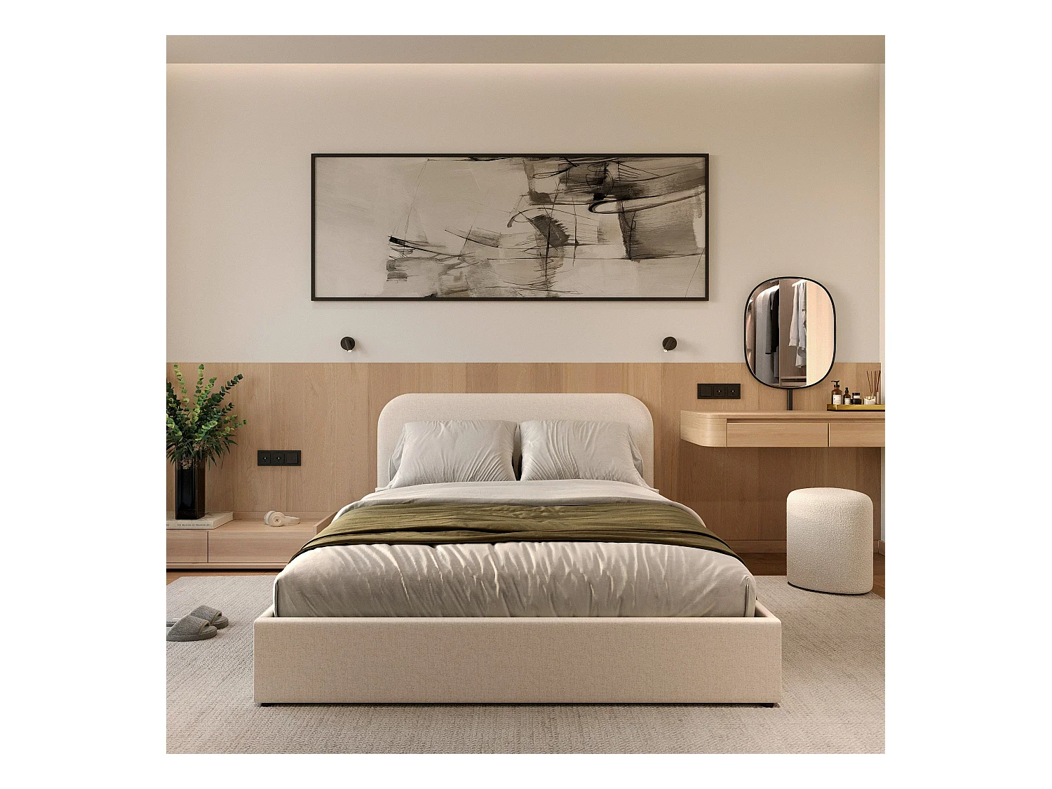 Lit double avec coffre 140x190 cm en tissu gris/beige - Tilly