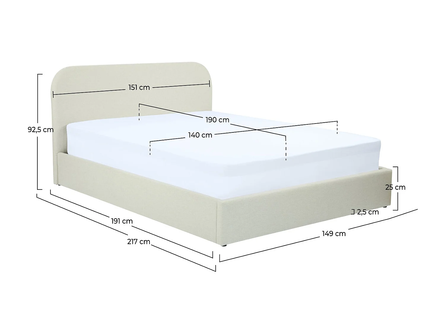 Letto matrimoniale con contenitore 140x190 cm in tessuto grigio/beige - Tilly