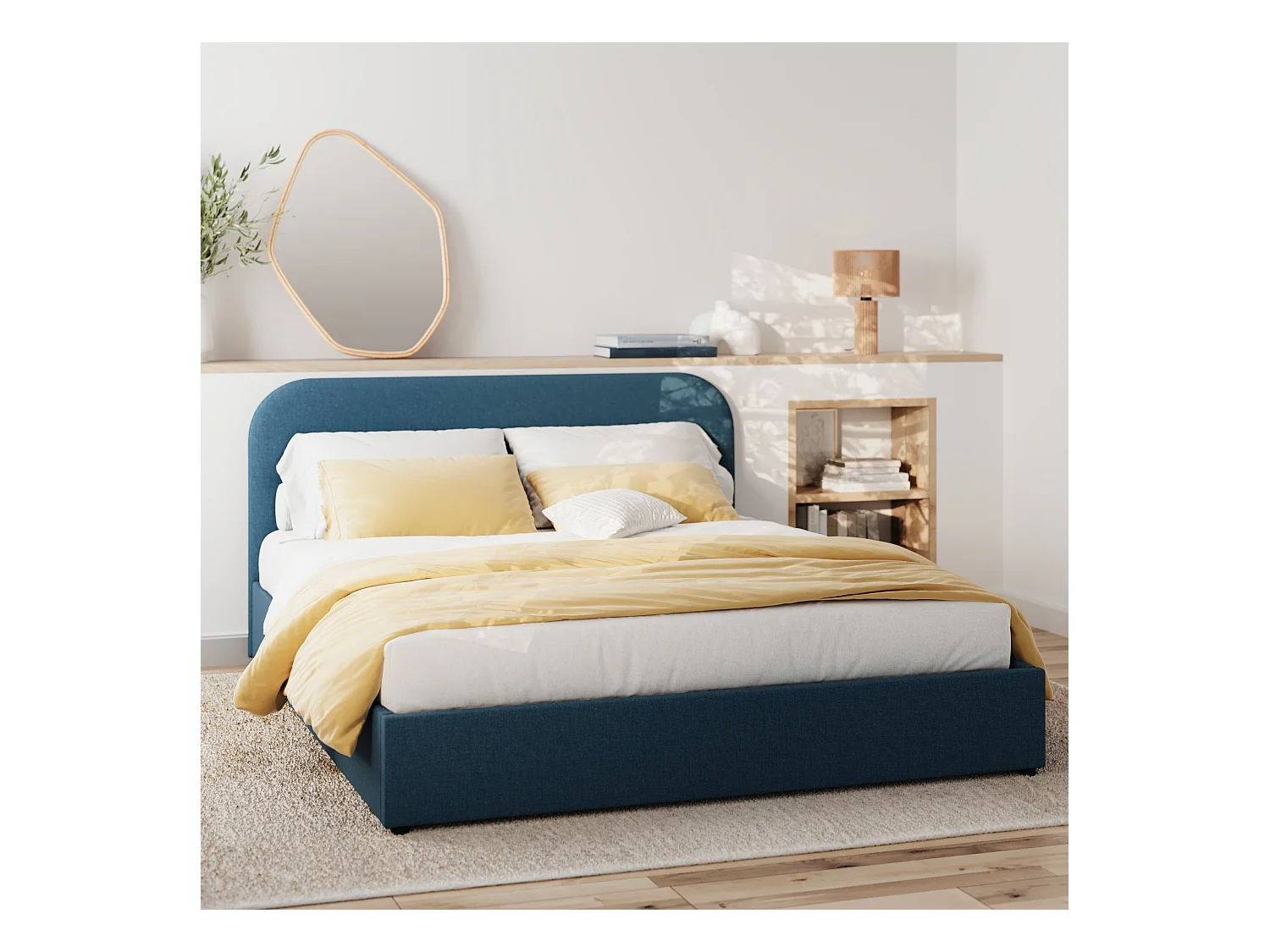 Lit double avec coffre 160x200 cm en tissu bleu - Tilly