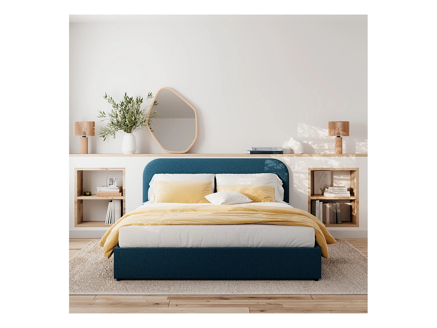 Lit double avec coffre 160x200 cm en tissu bleu - Tilly
