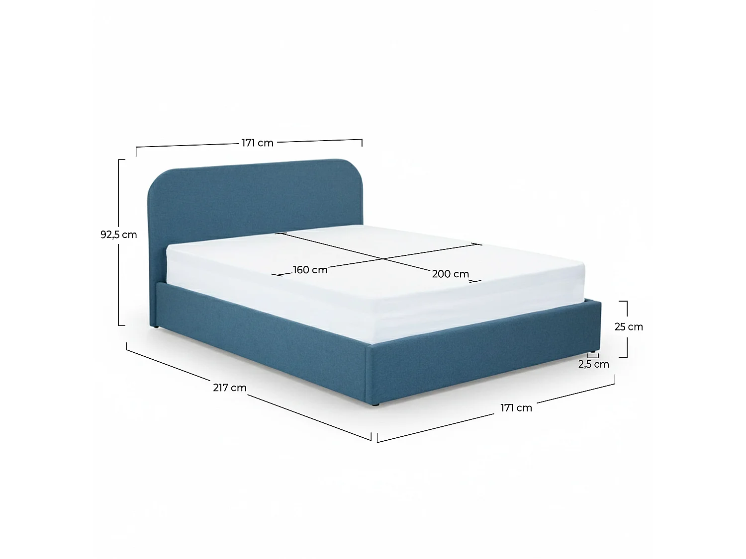 Letto matrimoniale con contenitore 160x200 cm in tessuto blu - Tilly