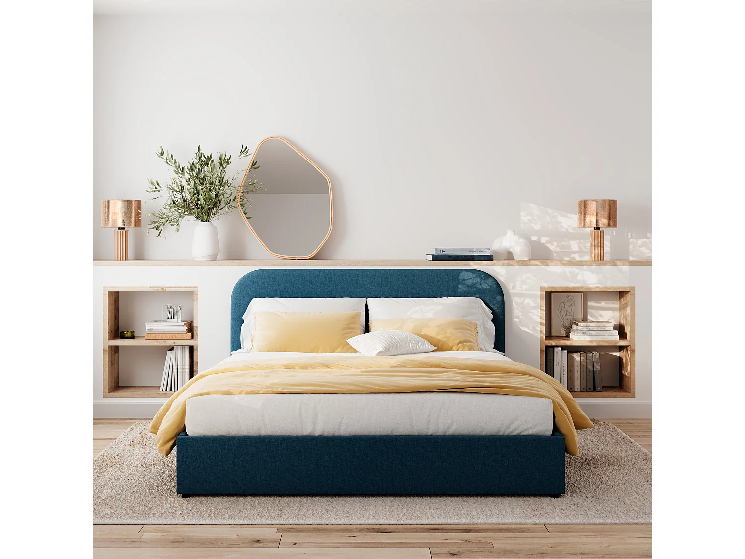 Letto matrimoniale con contenitore 160x200 cm in tessuto blu - Tilly