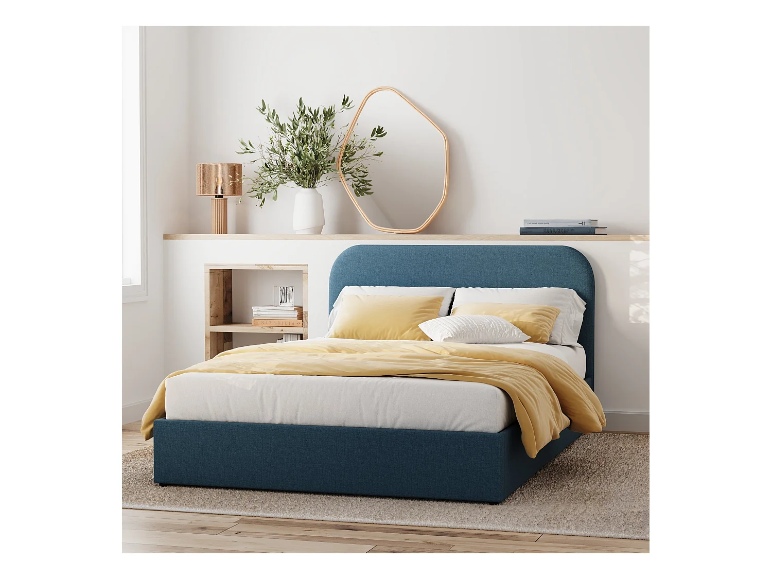 Lit double avec coffre 140x190 cm en tissu bleu - Tilly