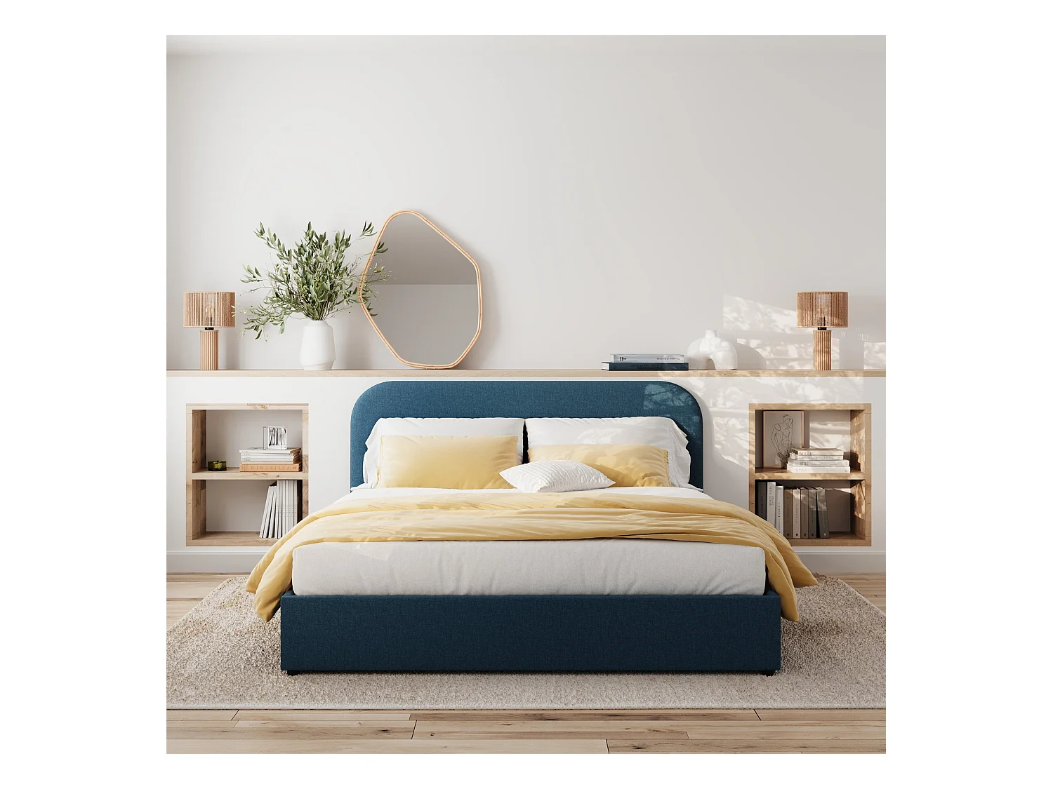 Lit double avec coffre 140x190 cm en tissu bleu - Tilly