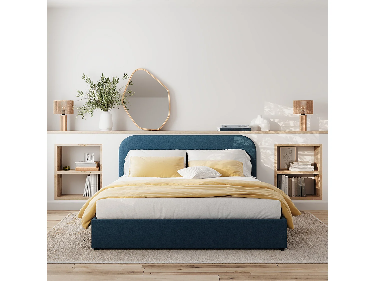 Letto matrimoniale con contenitore 140x190 cm in tessuto blu - Tilly