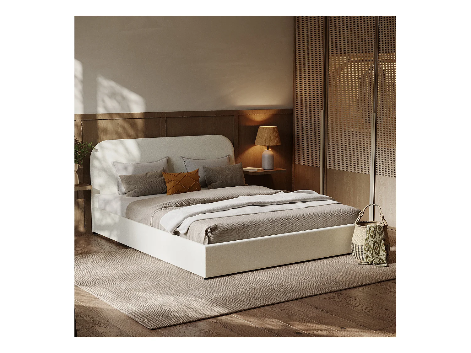 Lit double avec coffre 160x200 cm en tissu gris/beige - Tilly