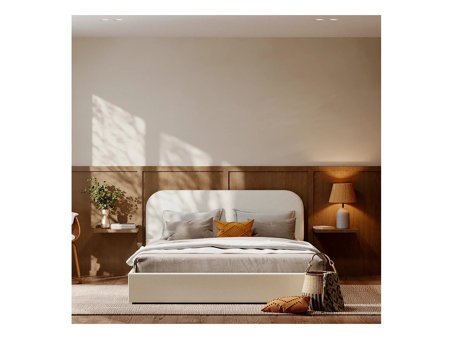 Lit double avec coffre 160x200 cm en tissu gris/beige - Tilly