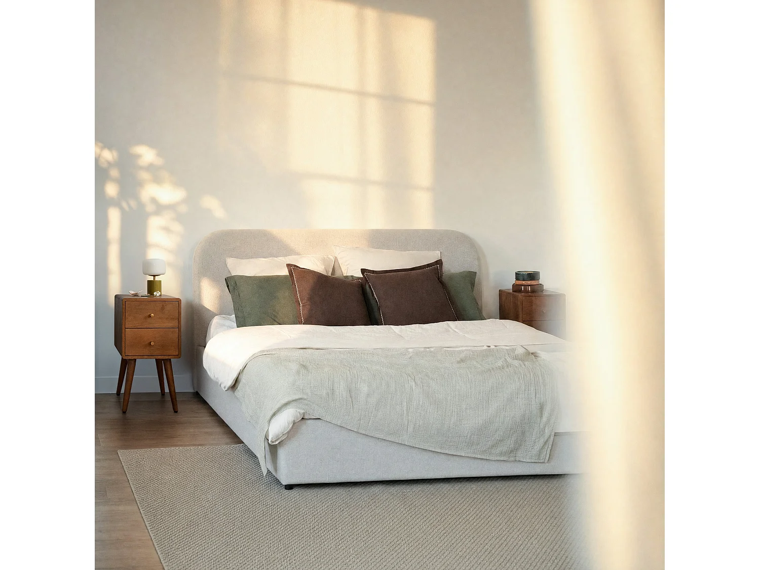 Cama doble con arcón 160x200 cm en tejido gris/beige - Tilly