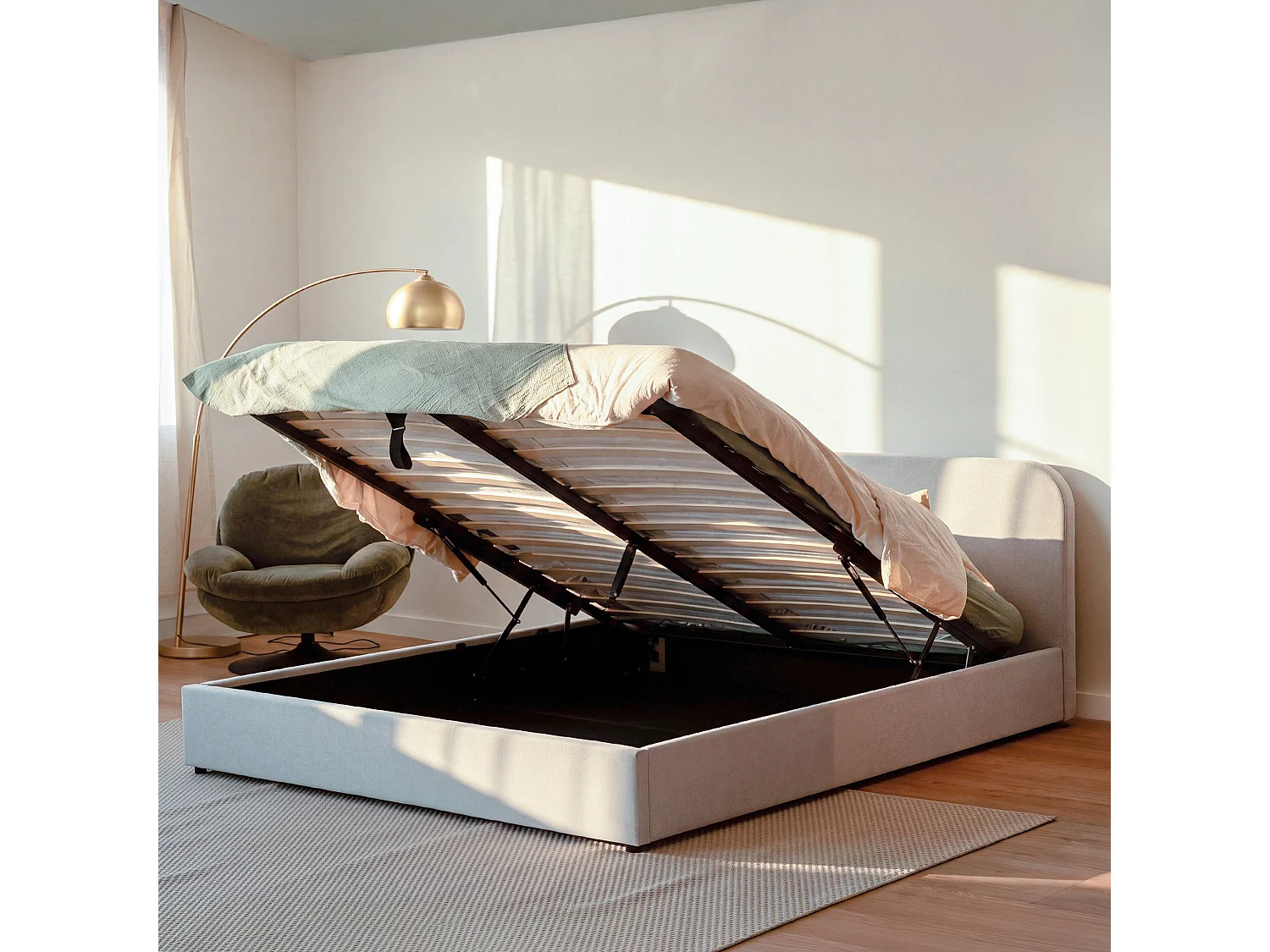 Cama doble con arcón 160x200 cm en tejido gris/beige - Tilly