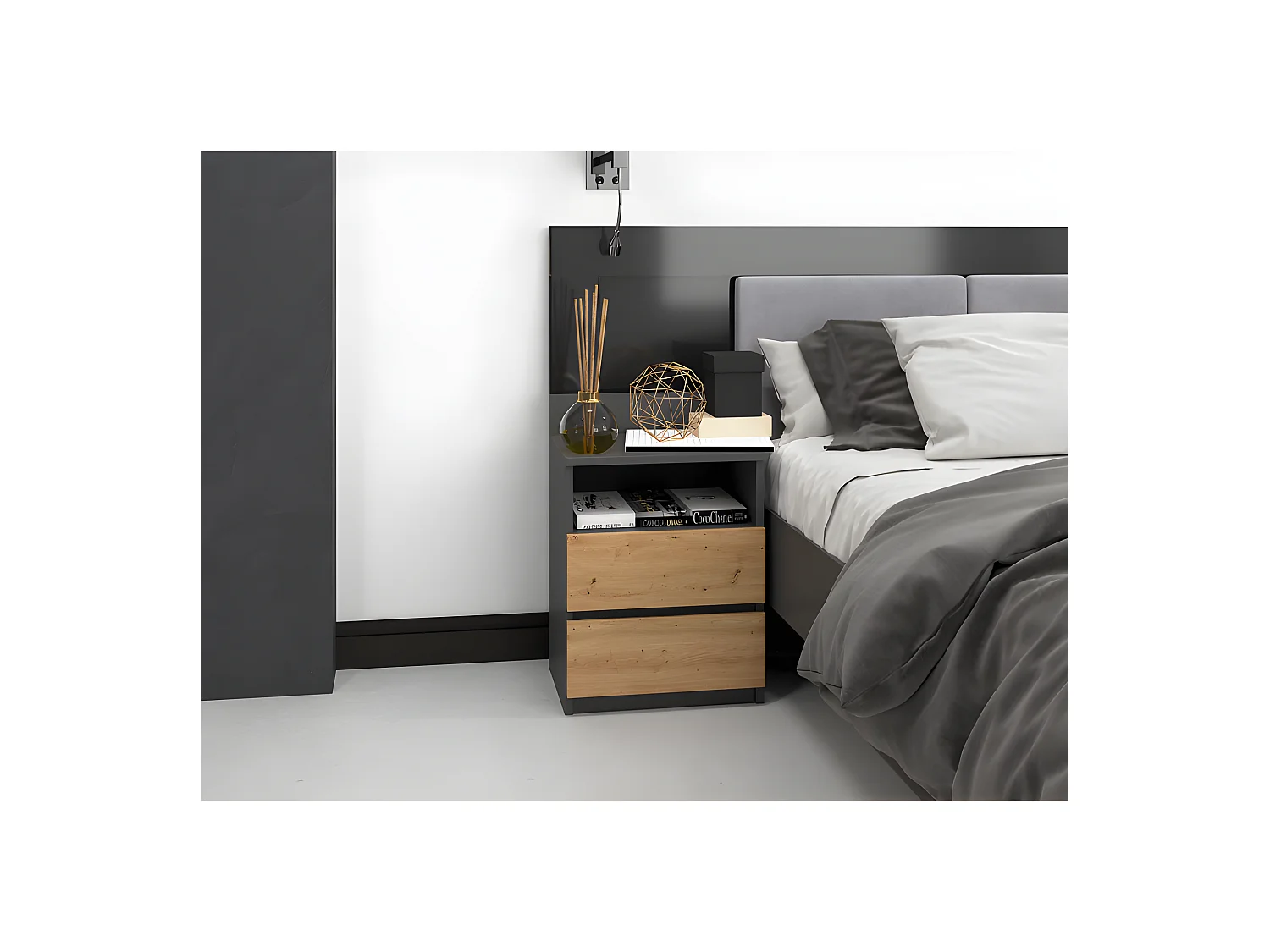 ASTER T1 - Comodino con 2 cassetti - 59x40x32 cm - Comodino - Stile scandinavo