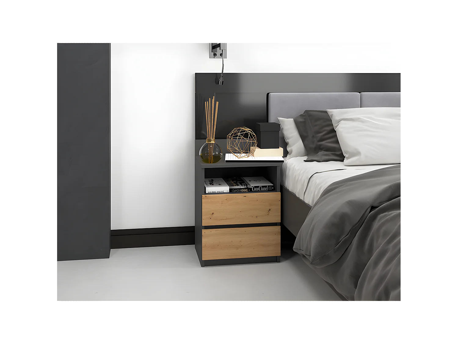 ASTER T1 - Comodino con 2 cassetti - 59x40x32 cm - Comodino - Stile scandinavo