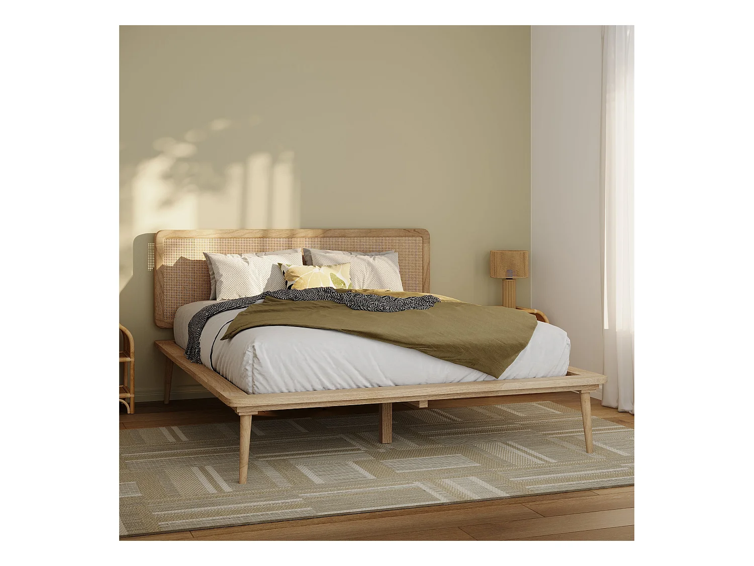 Lit double 140x190 cm en bois et cannage - Adik