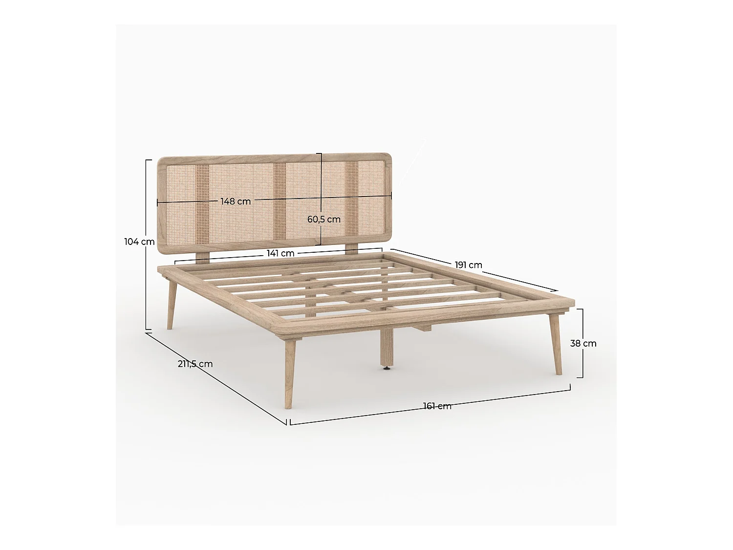Lit double 140x190 cm en bois et cannage - Adik
