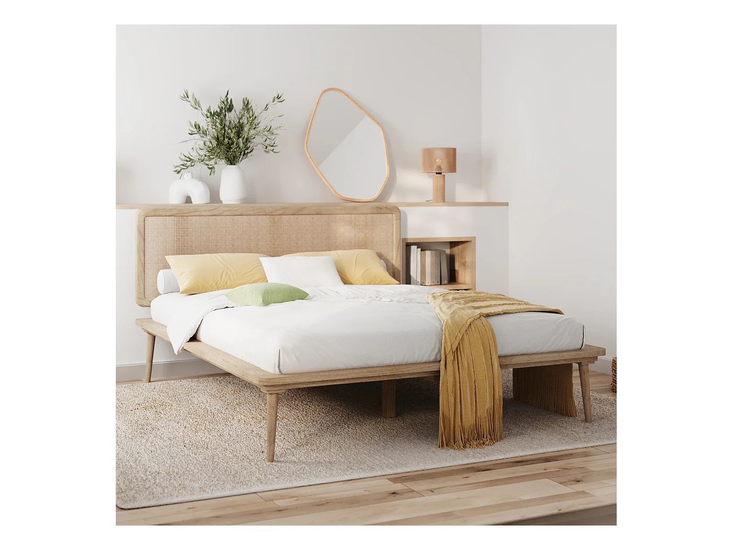 Lit double 140x190 cm en bois et cannage - Adik