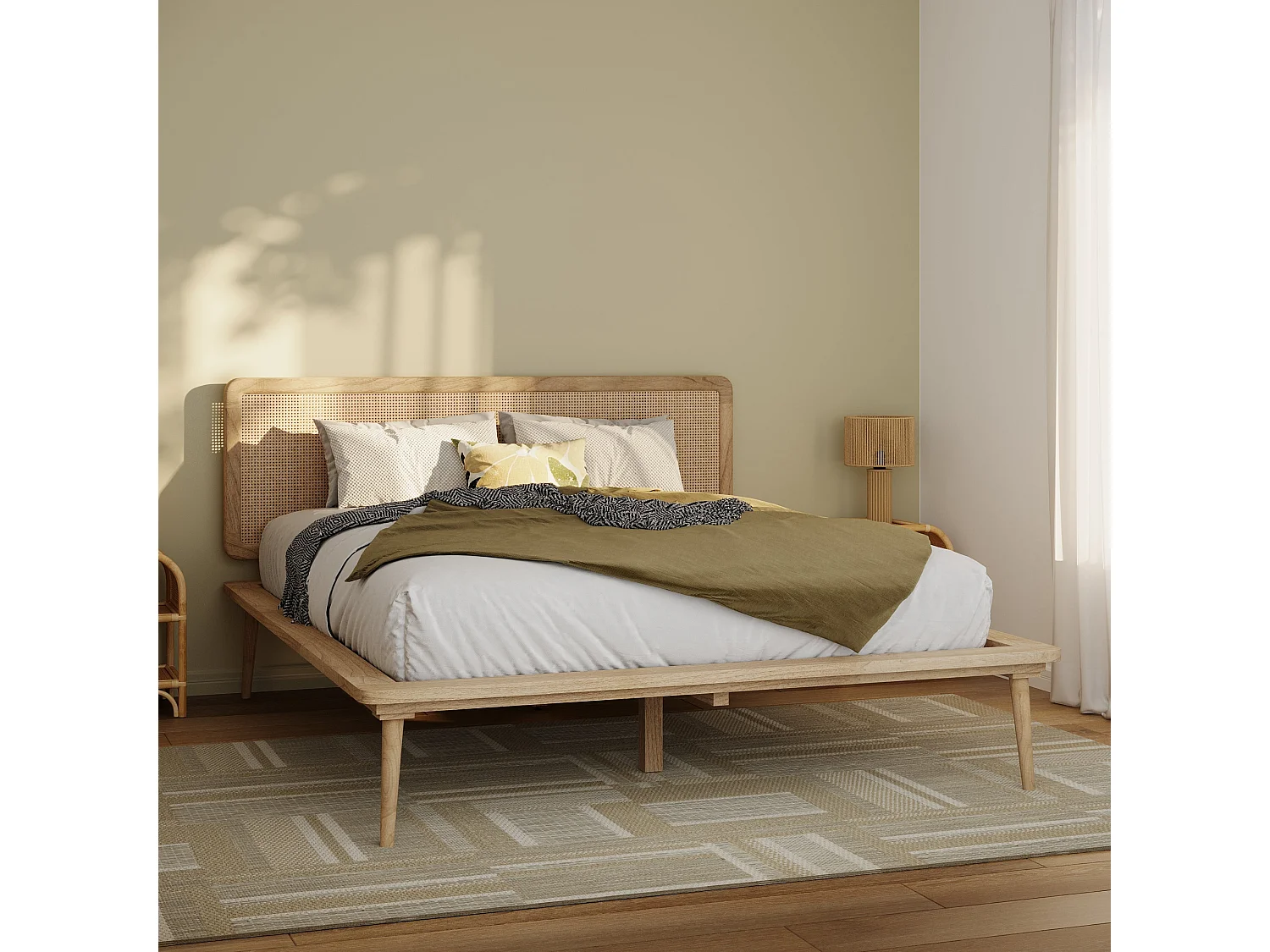 Cama doble 140x190 cm en madera y caña - Adik