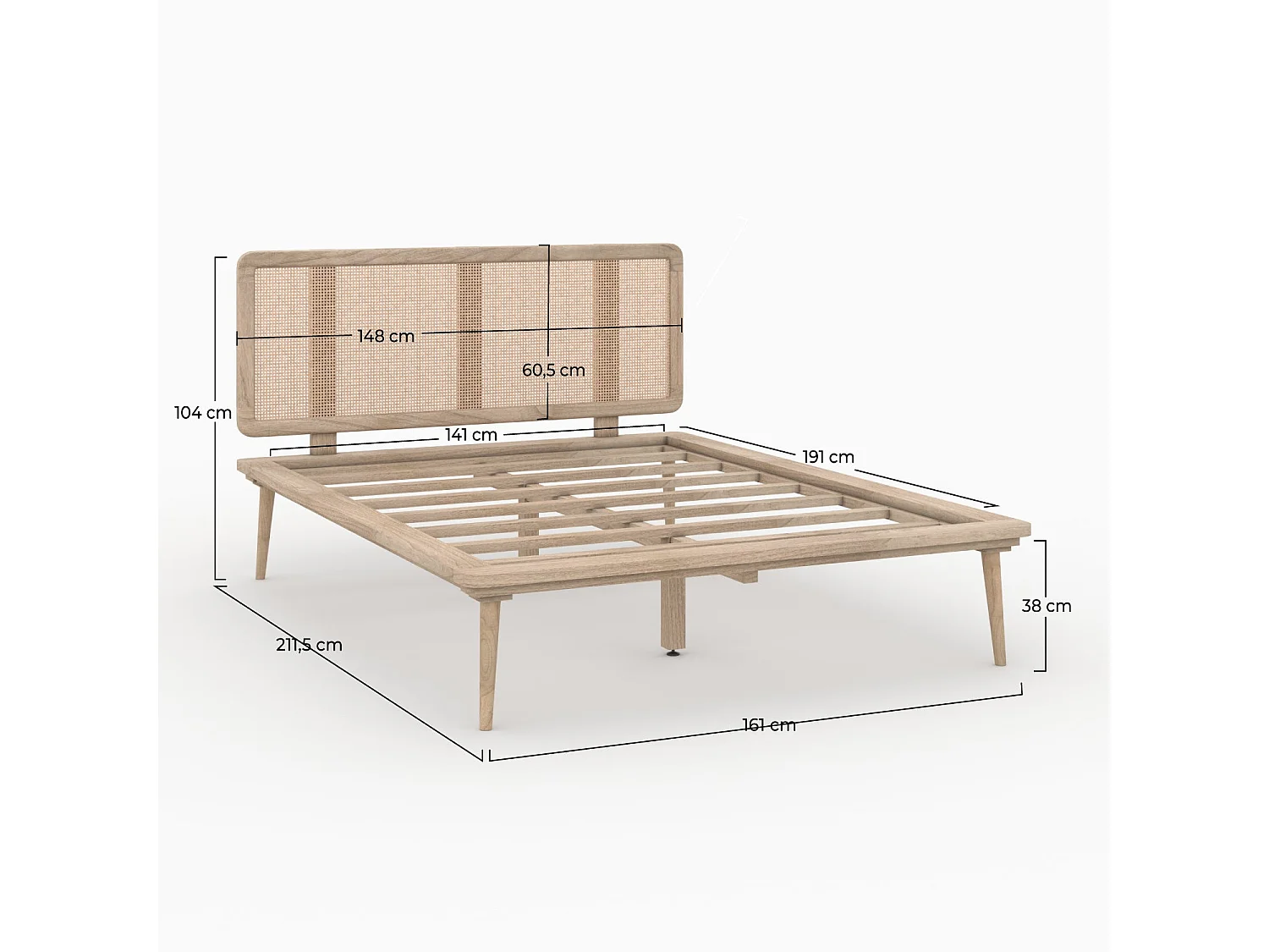 Cama doble 140x190 cm en madera y caña - Adik
