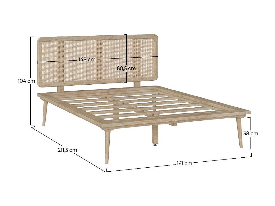 Cama doble 140x190 cm en madera y caña - Adik