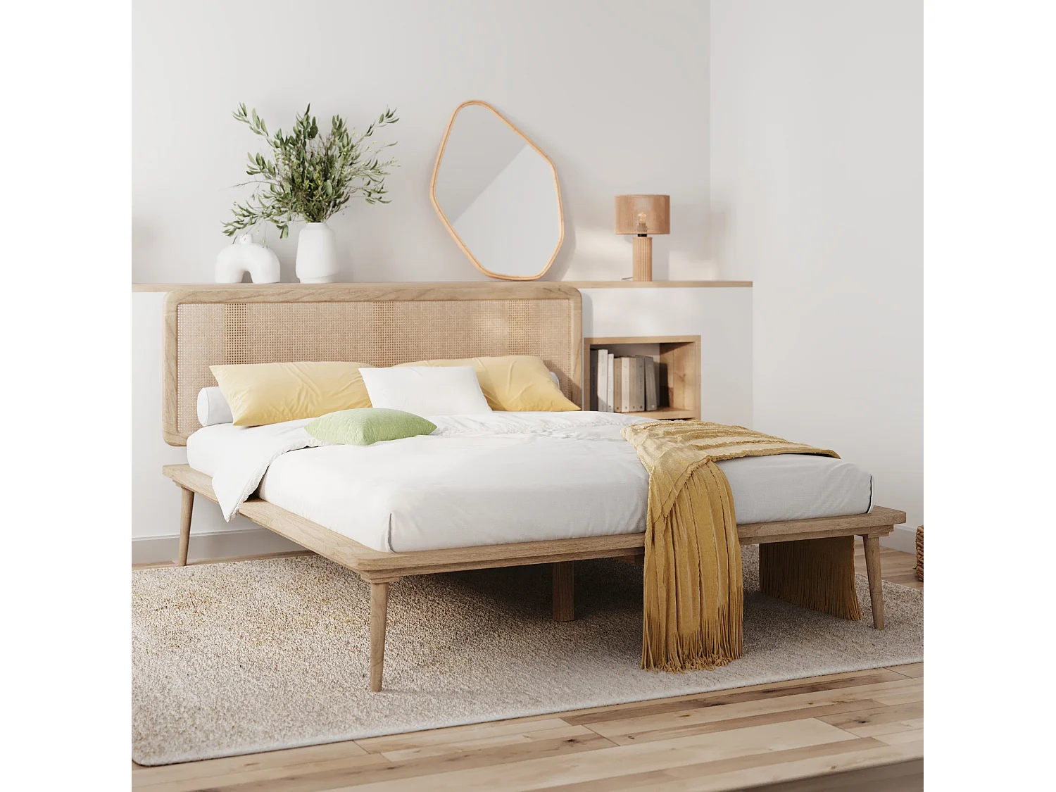 Cama doble 140x190 cm en madera y caña - Adik