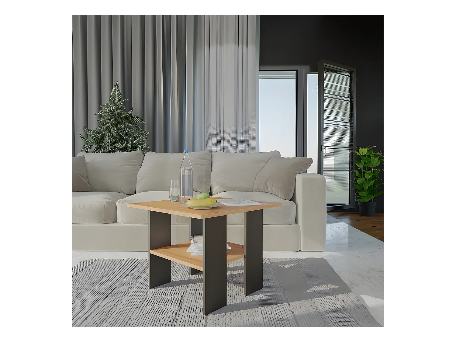 AURA - Mesa de centro cuadrada de estilo industrial - 60x60x45 cm - Mesa de centro con decoración de madera